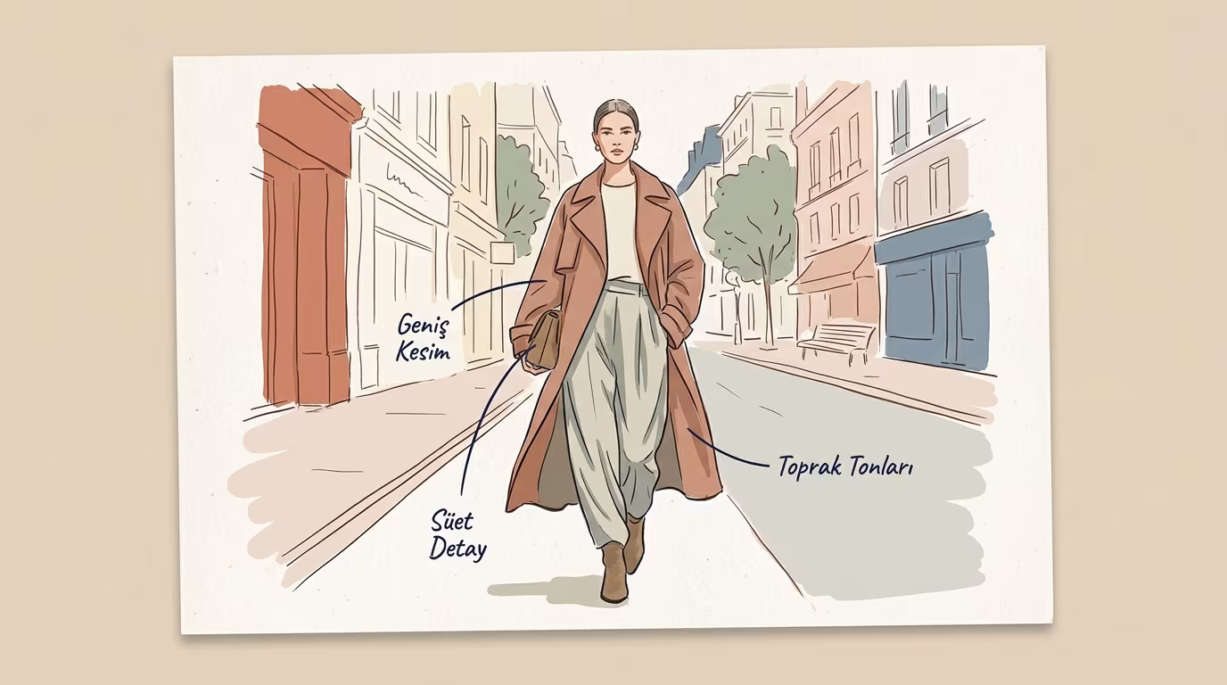 2026 sokak modası trench coat ve rahat kombin örneği